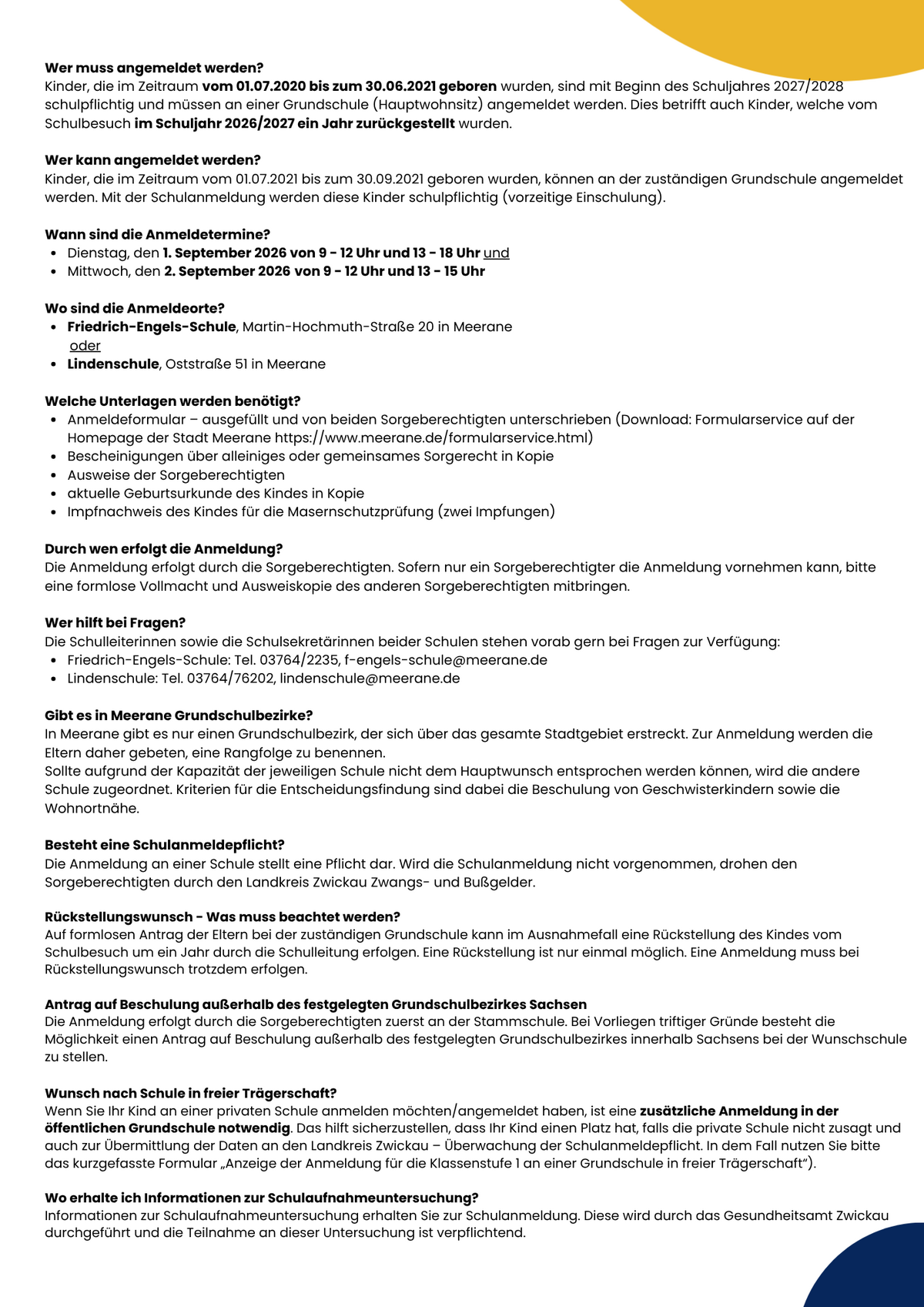 Flyer mit konkreten Details zur Schulanmeldung